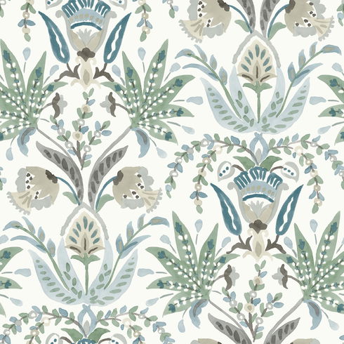 Seaside Jacobean Green & Blue Wallpaper