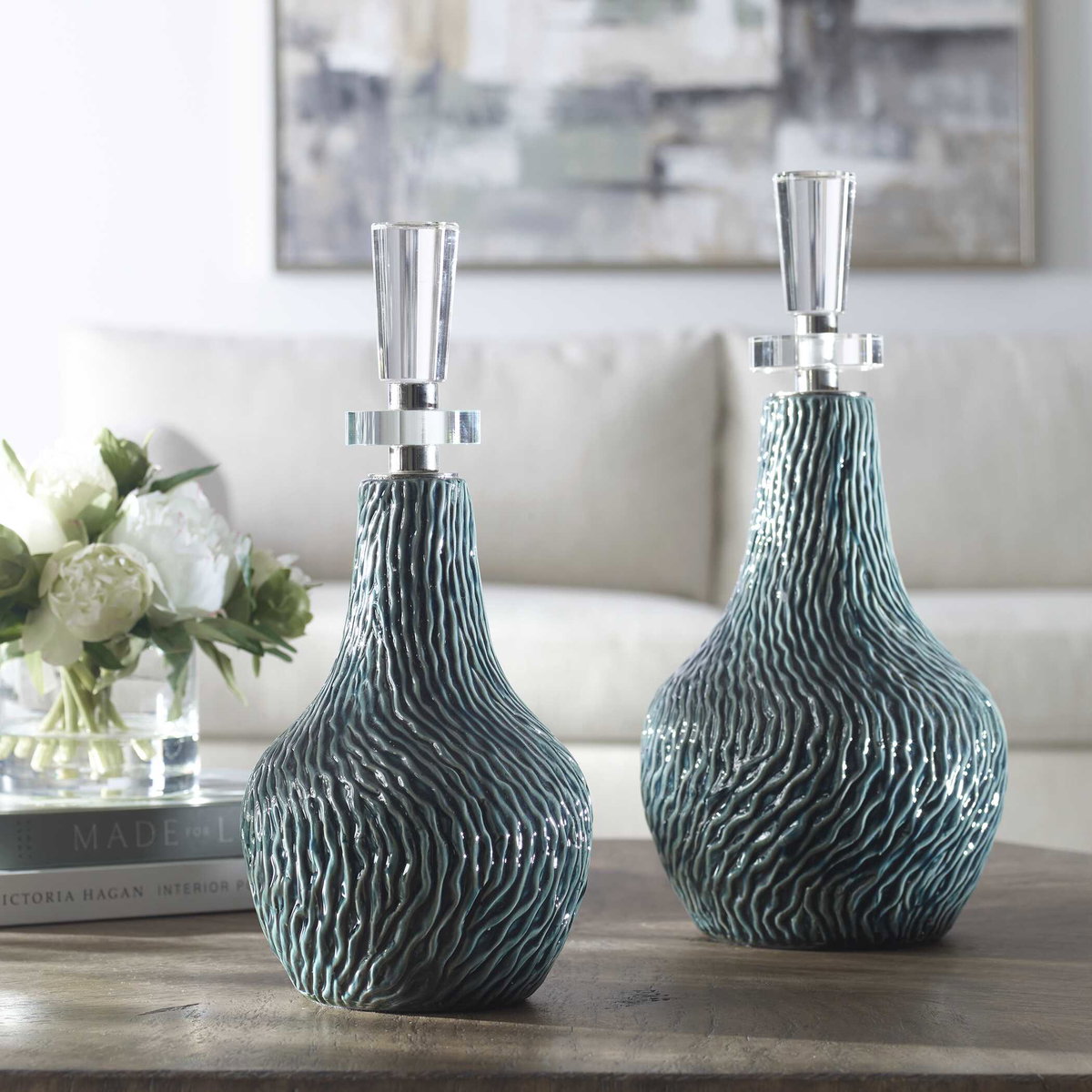 Almera Dark Teal Bottles Set/2, by Uttermost, 7.5" width x 1'3.5" height x 7.5" depth View 2