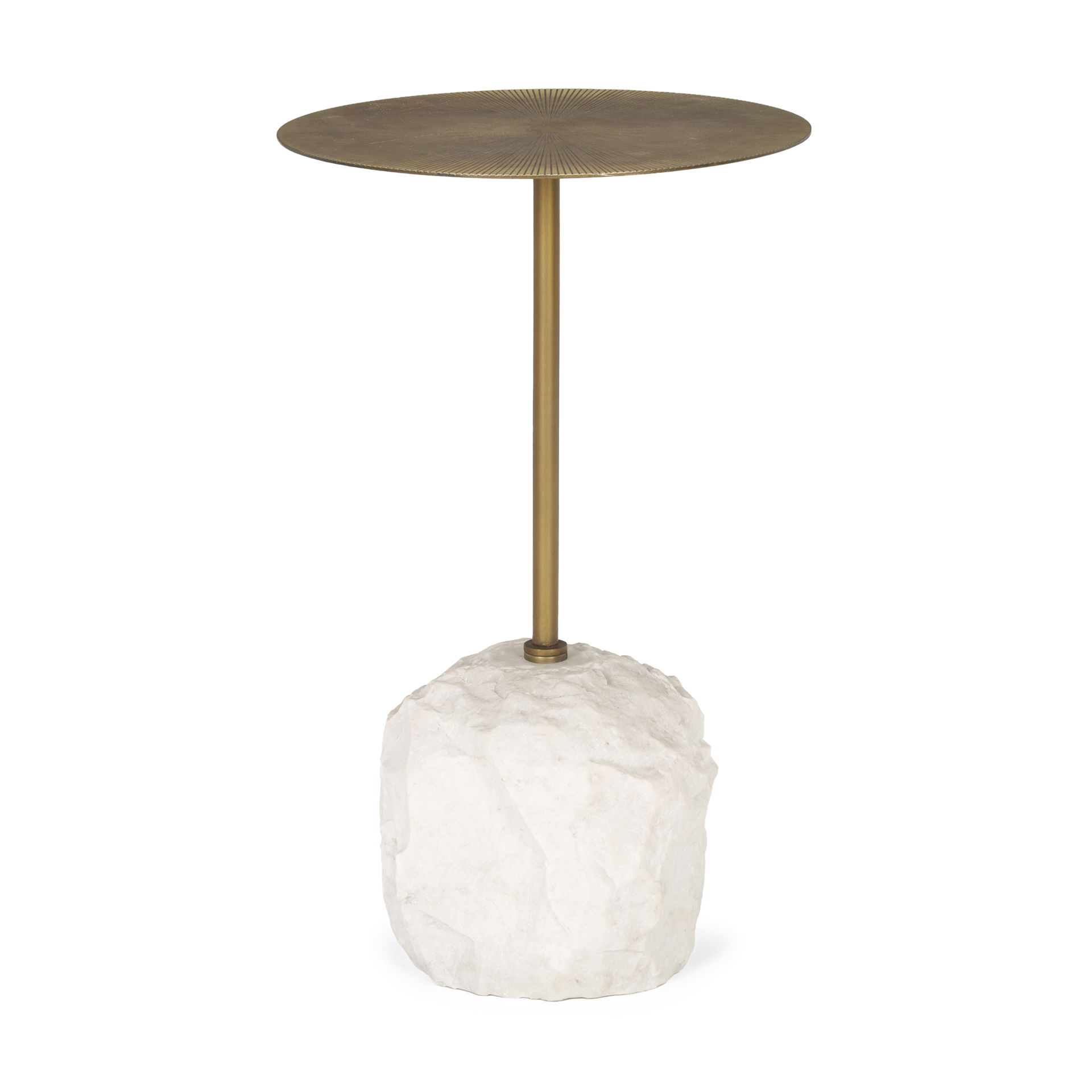 Rini Gold Metal and White Marble Accent Table, Side & End Table by Mercana, 15" length x 15" width x 24.5" height View 1