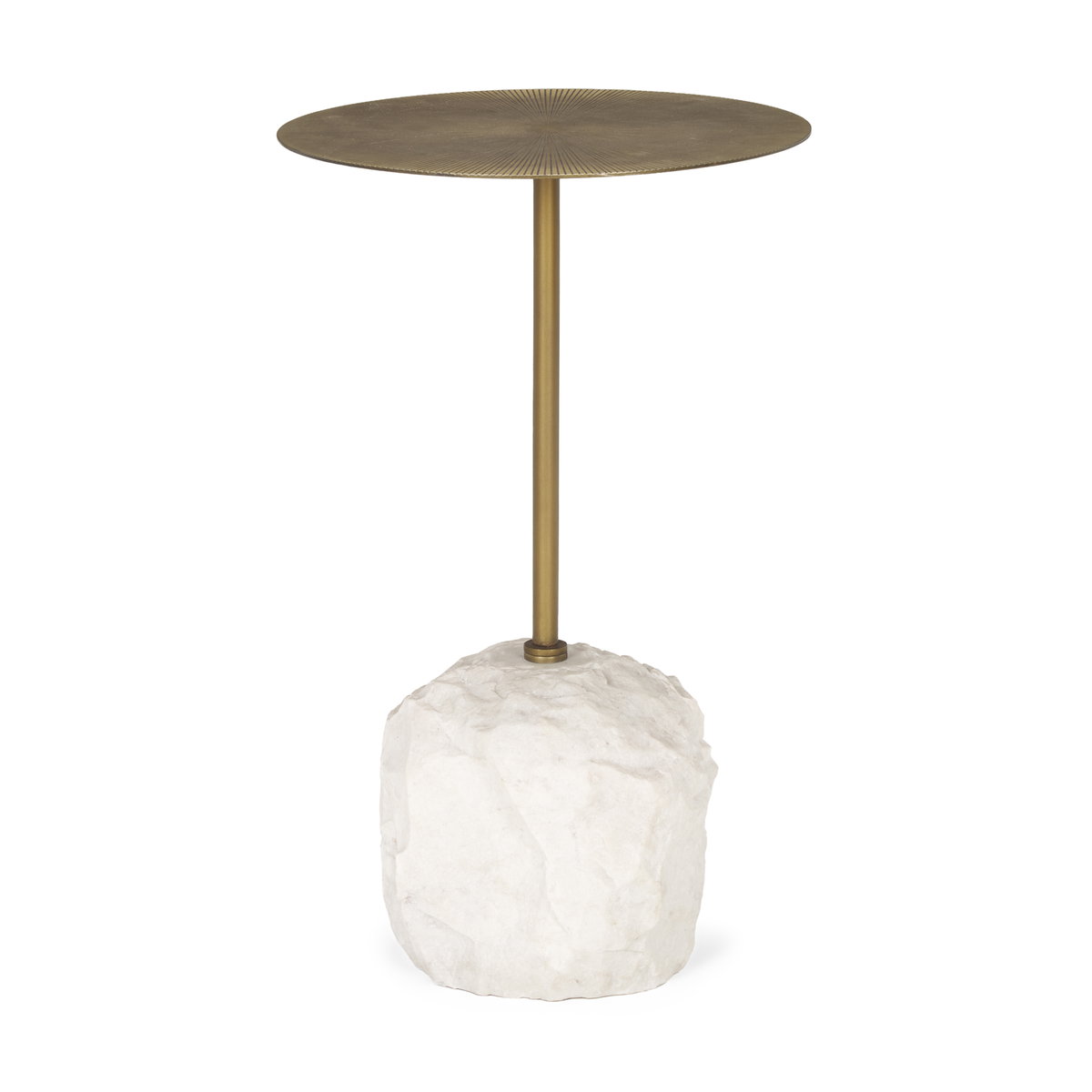 Rini Gold Metal and White Marble Accent Table, Side & End Table by Mercana, 15" length x 15" width x 24.5" height View 1
