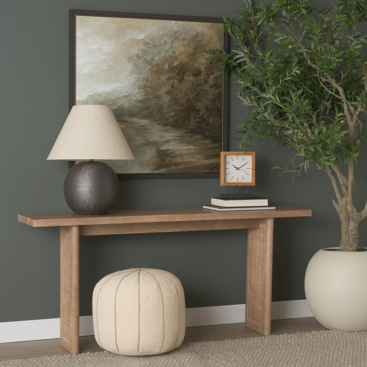 Grier 65' Light Brown Solid Wood with Cane Console Table, by Mercana, 65" length x 16" width x 29" height View 2