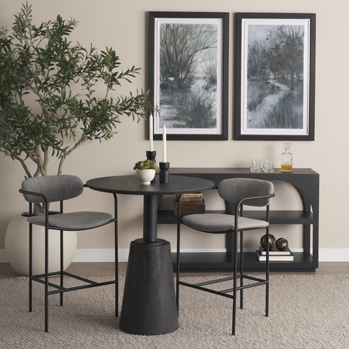 Maxwell 32" Round Pedestal Dining Table | Modern | Black-Brown Wood & Black Metal | Seats 2