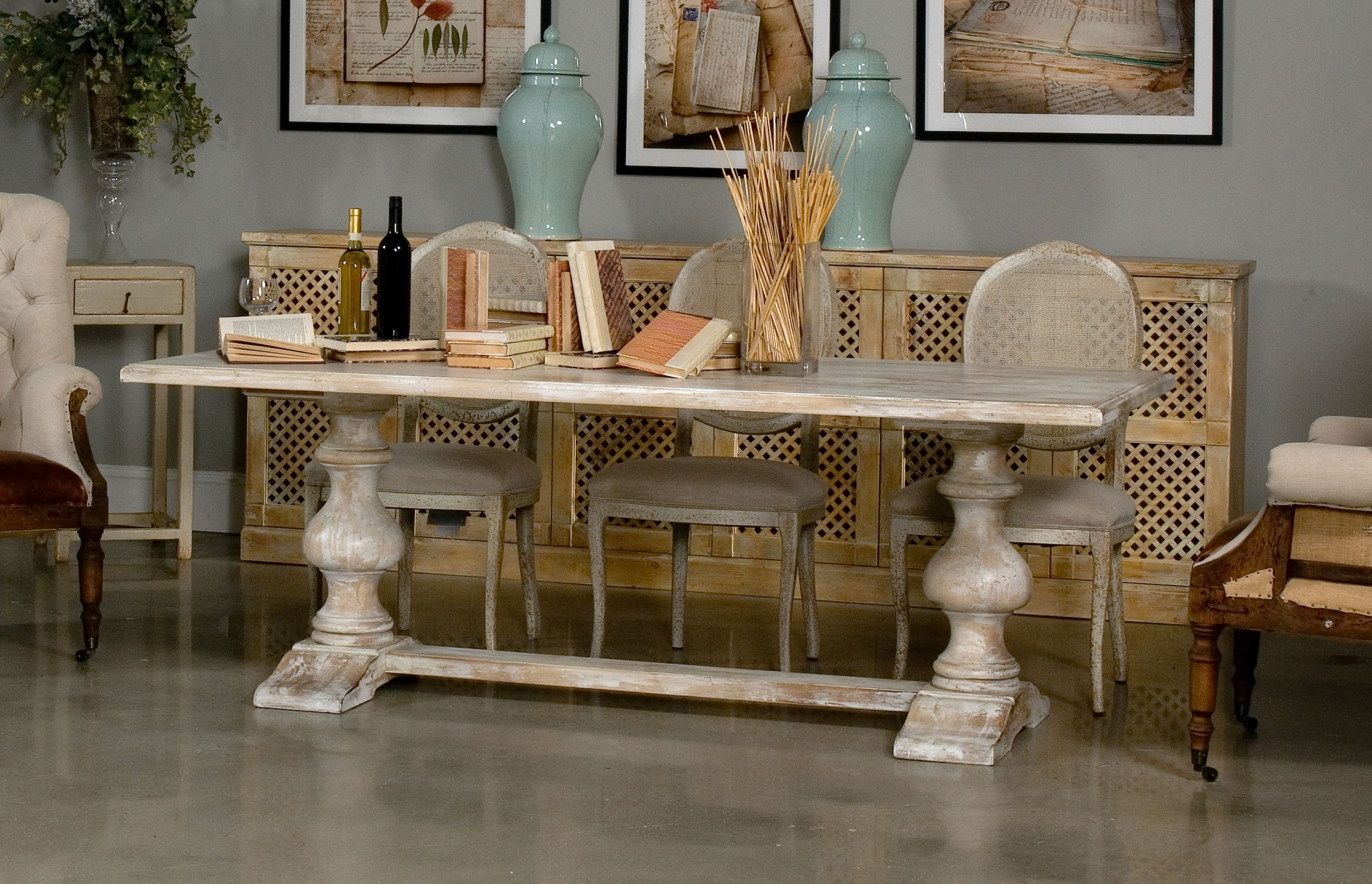*Lionisio Trestle Table,Disrupted White, Dining Table by Sarreid, 84" length x 41" width x 30" height View 13