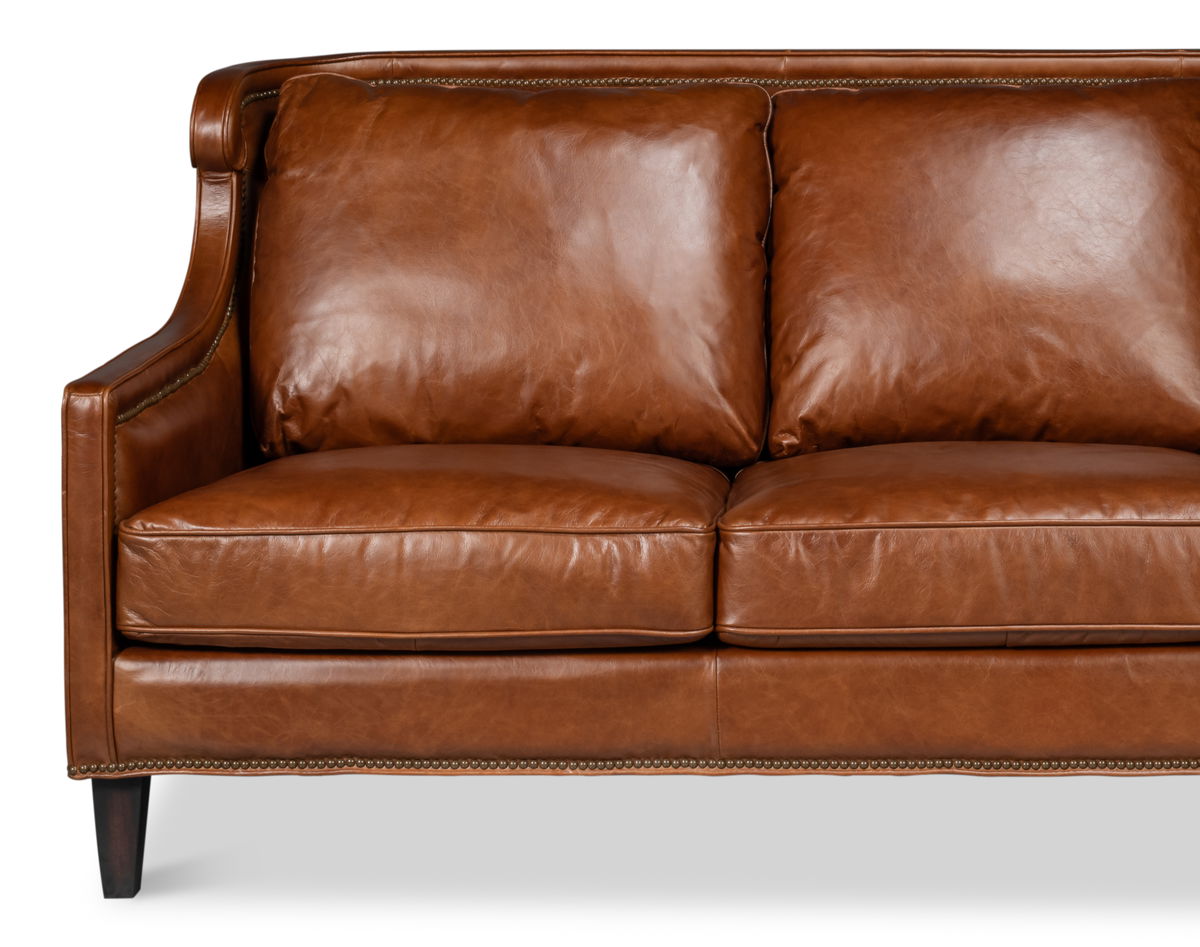 Philipe Distilled Leather Sofa Brown, by Sarreid, 7' width x 3' height View 8
