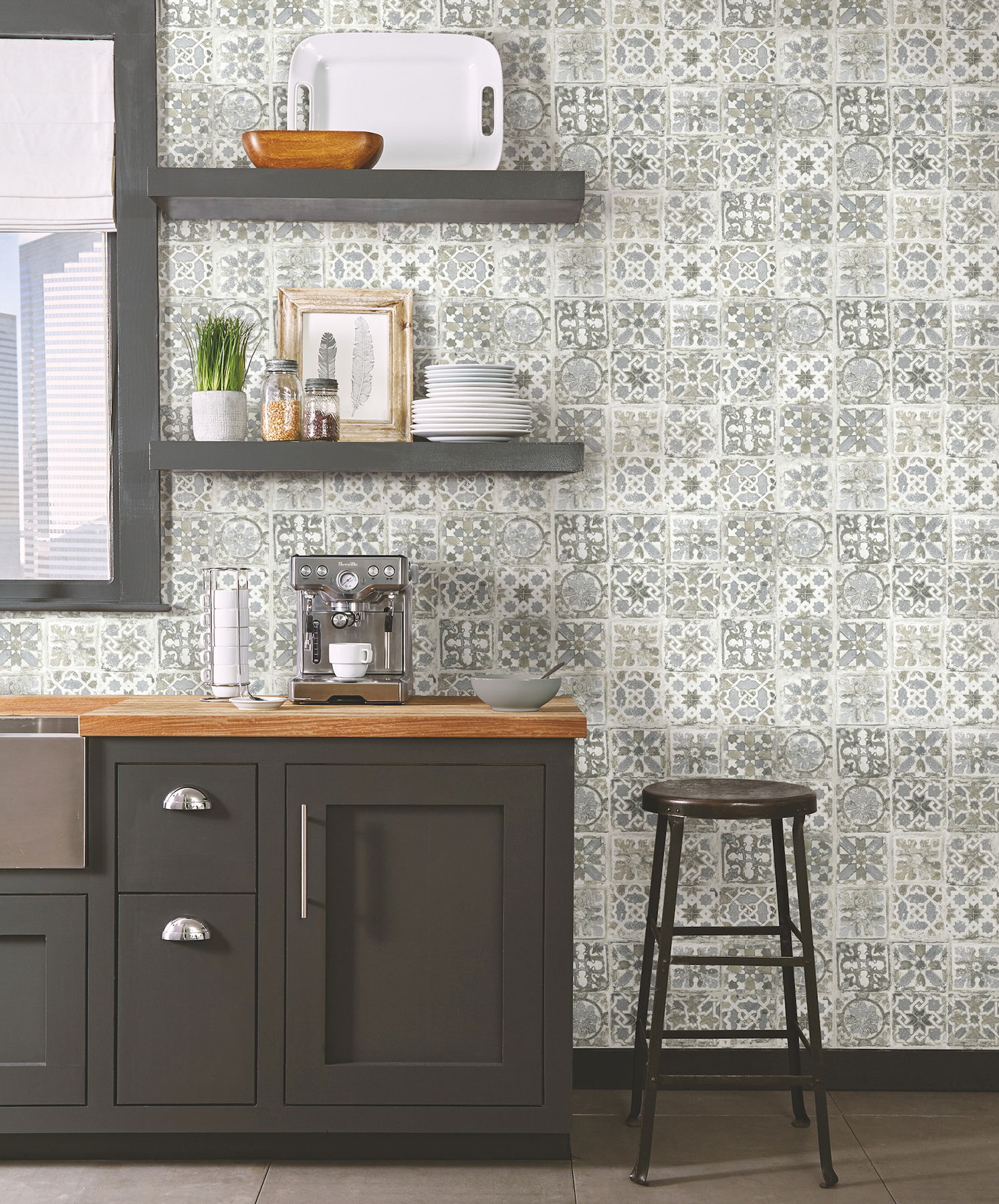 Ecaustic Tile Grey Peel & Stick Wallpaper, by York Wall, 20' length x 2'3" width x 0.02" depth View 2
