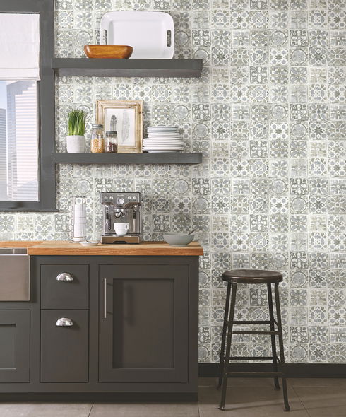 Ecaustic Tile Grey Peel & Stick Wallpaper