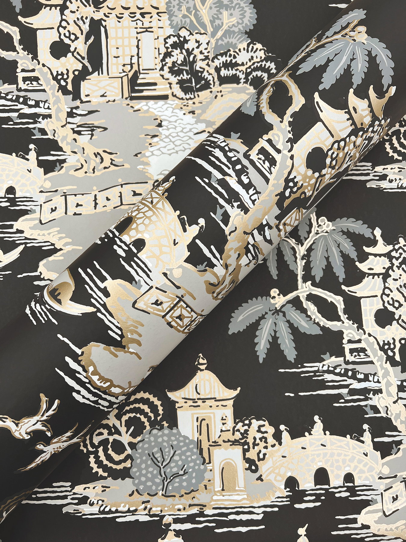Pagoda And Sampan Scenic Black Wallpaper, by York Wall, 27' length x 2'3" width x 0.02" depth View 4