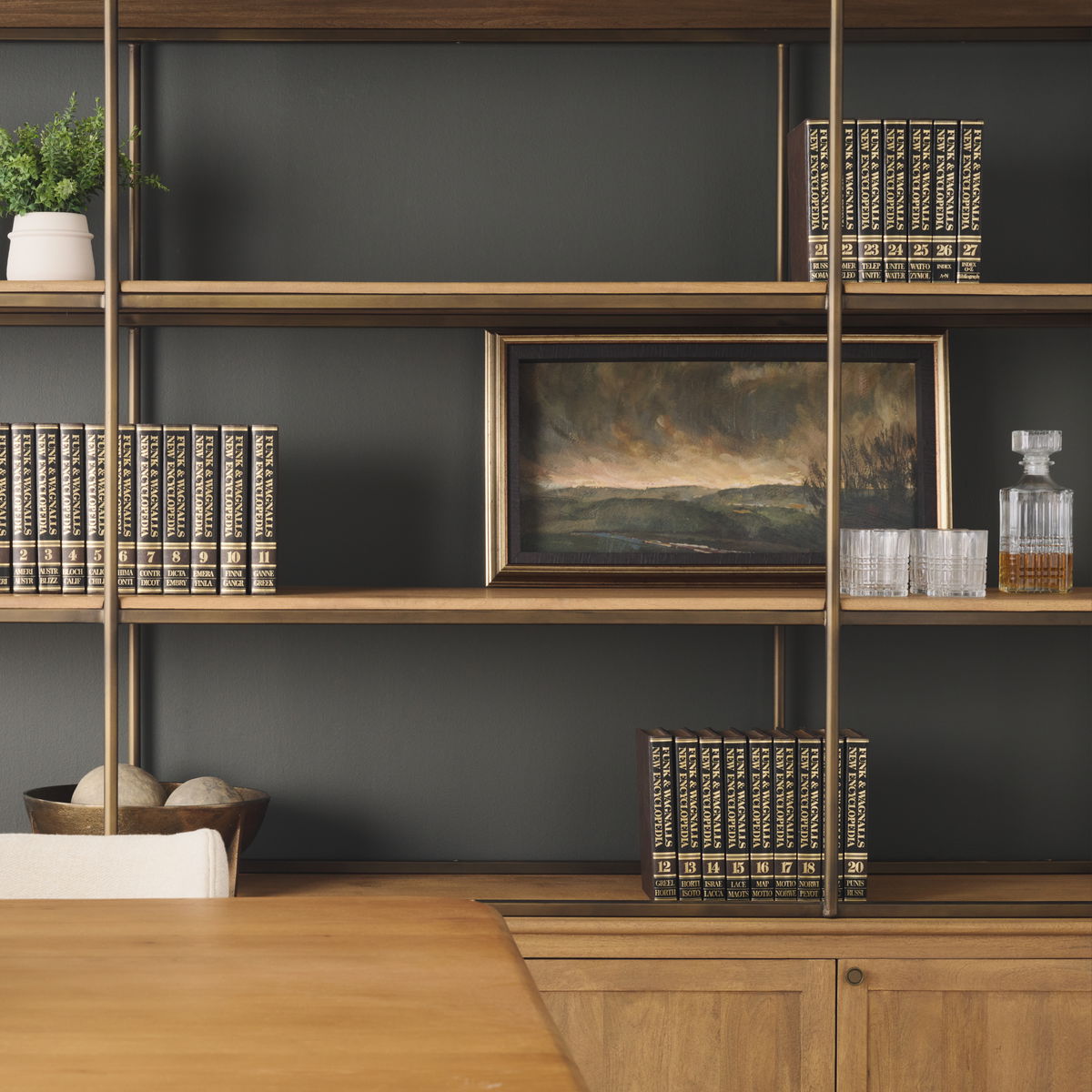 Baron 4-Door Light Brown Wood with Gunmetal Open Shelving Unit, Shelving & Bookcase by Mercana, 81.75" length x 19" width x 90" height View 3