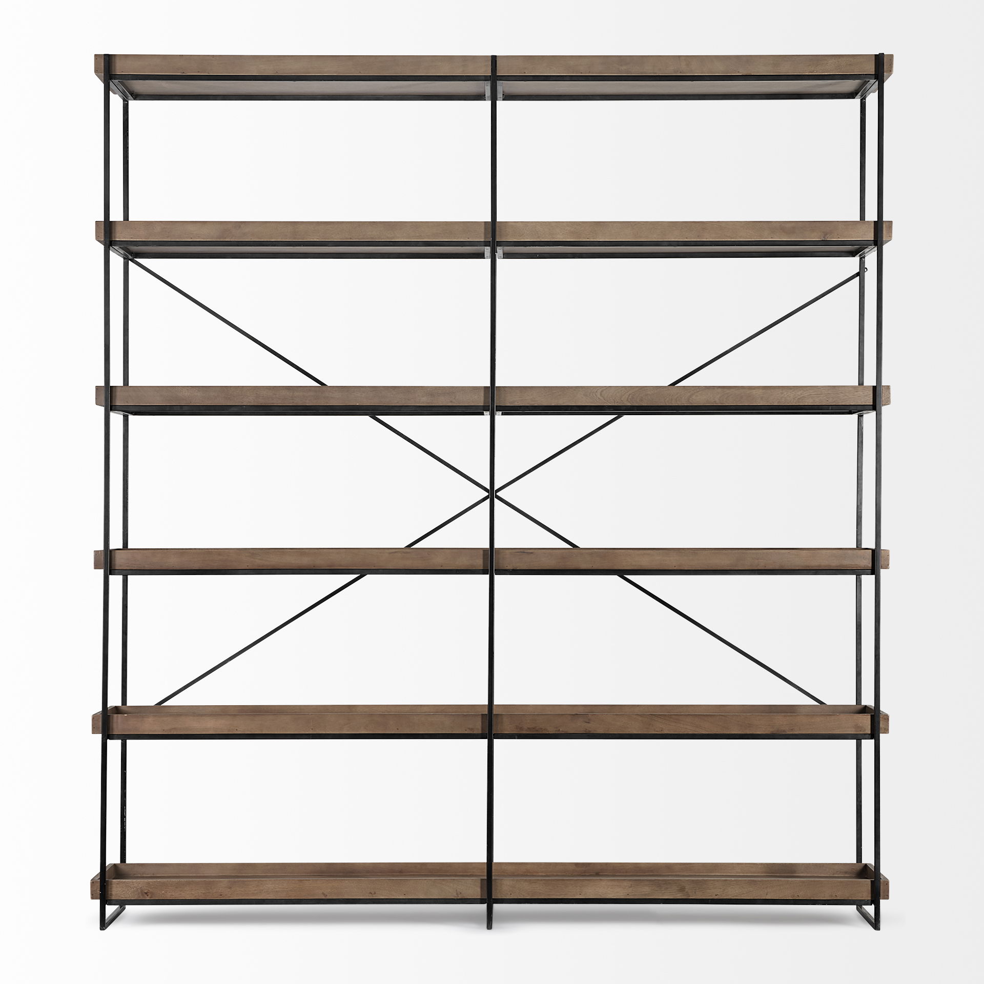 Trey IV 80L x 16W x 87.5H  Medium Brown Wood and Iron Five Tray Shelf Shelving Unit, Shelving & Bookcase by Mercana, 80" length x 16" width x 87.5" height View 4