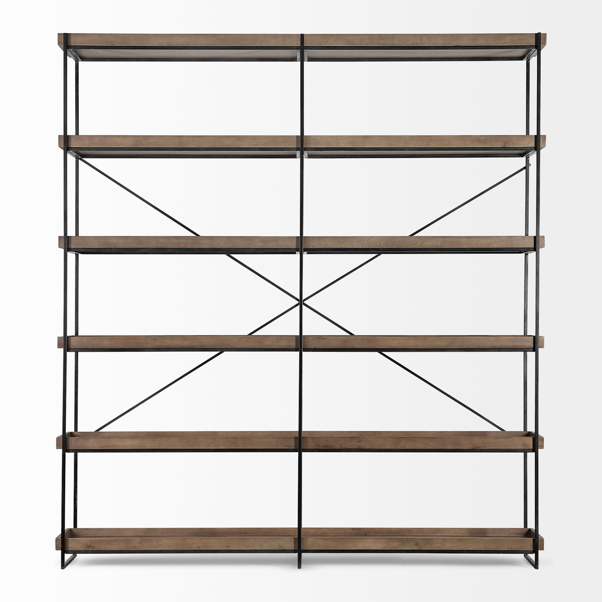 Trey IV 80L x 16W x 87.5H  Medium Brown Wood and Iron Five Tray Shelf Shelving Unit, Shelving & Bookcase by Mercana, 80" length x 16" width x 87.5" height View 4