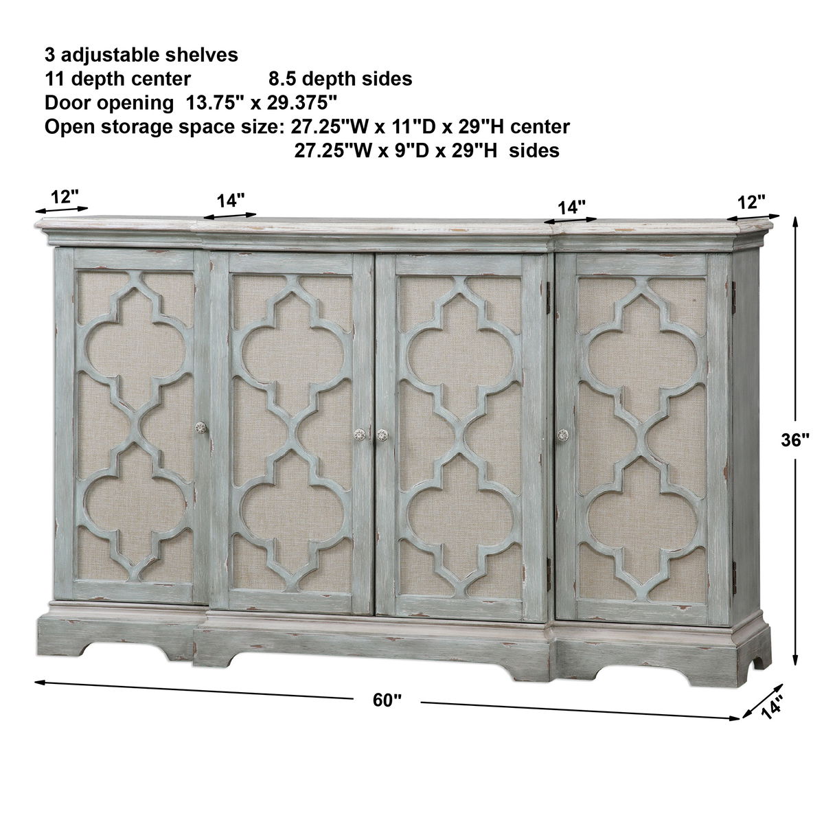 Sophie 4 Door Grey Cabinet, Cabinets & Sideboard by Uttermost, 60" width x 36" height x 14" depth View 3