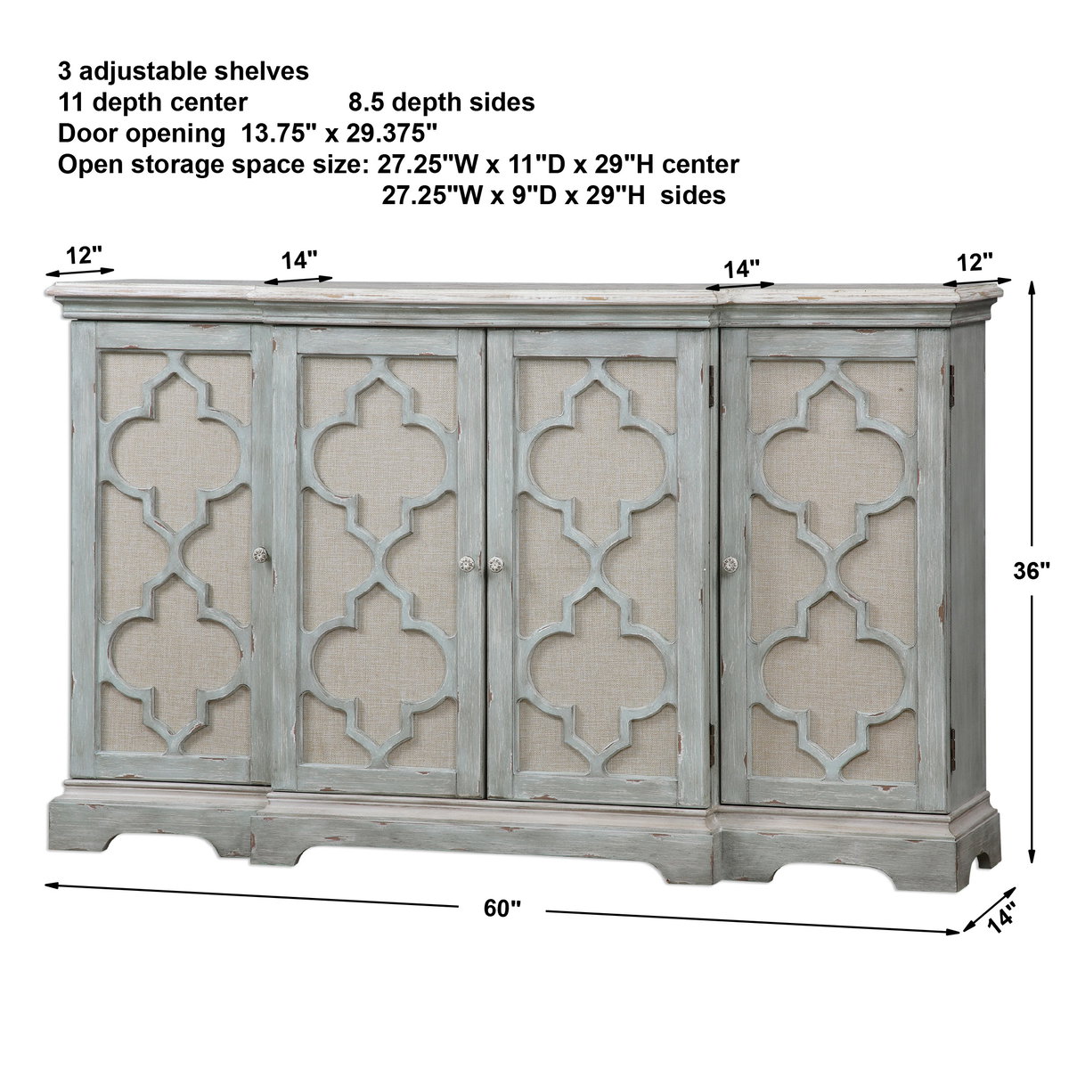 Sophie 4 Door Grey Cabinet, Cabinets & Sideboard by Uttermost, 60" width x 36" height x 14" depth View 3