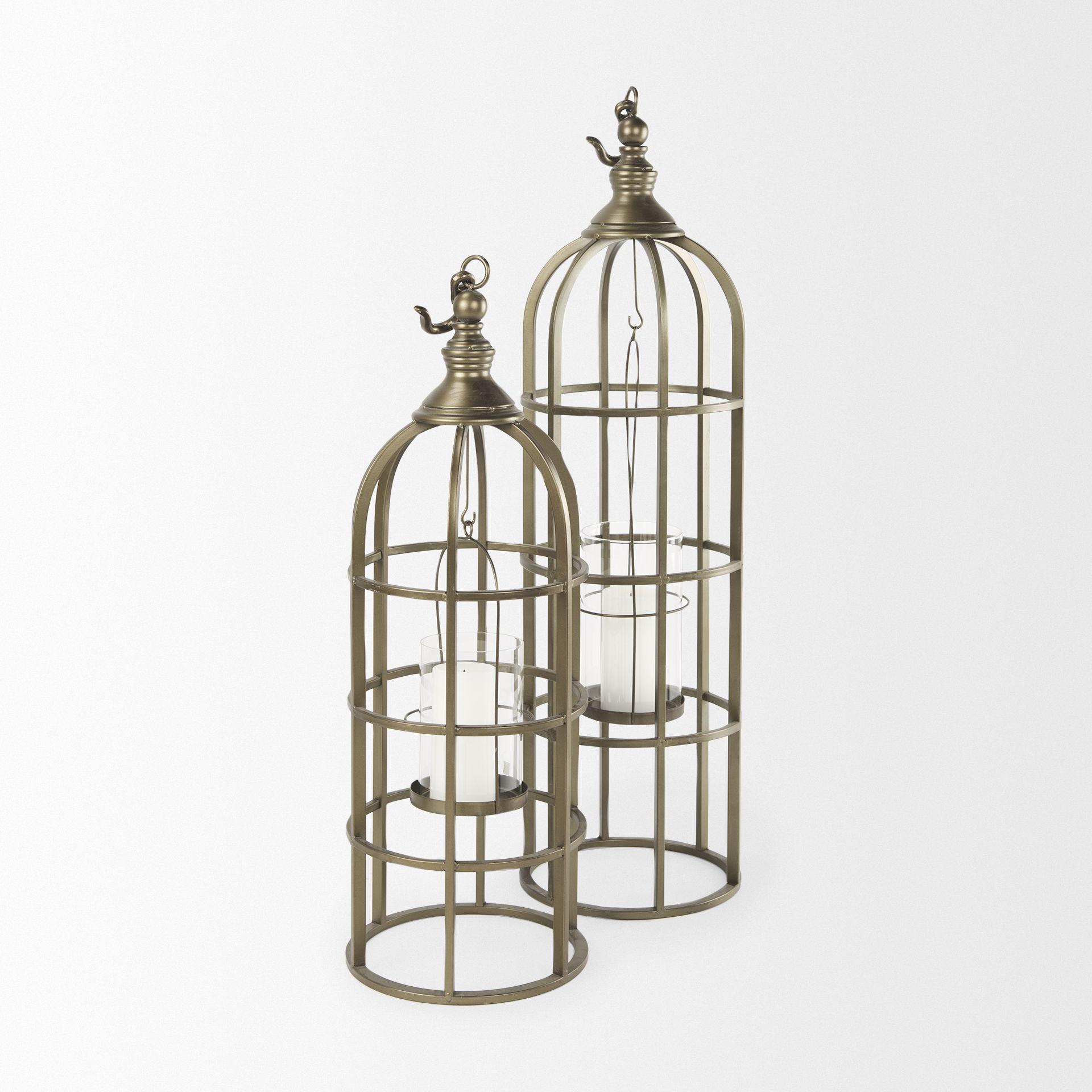 Gerson II Small Cage-Style Gold Metal Candle Holder Lantern, Lighting by Mercana, 11" length x 11" width x 34.8" height View 12