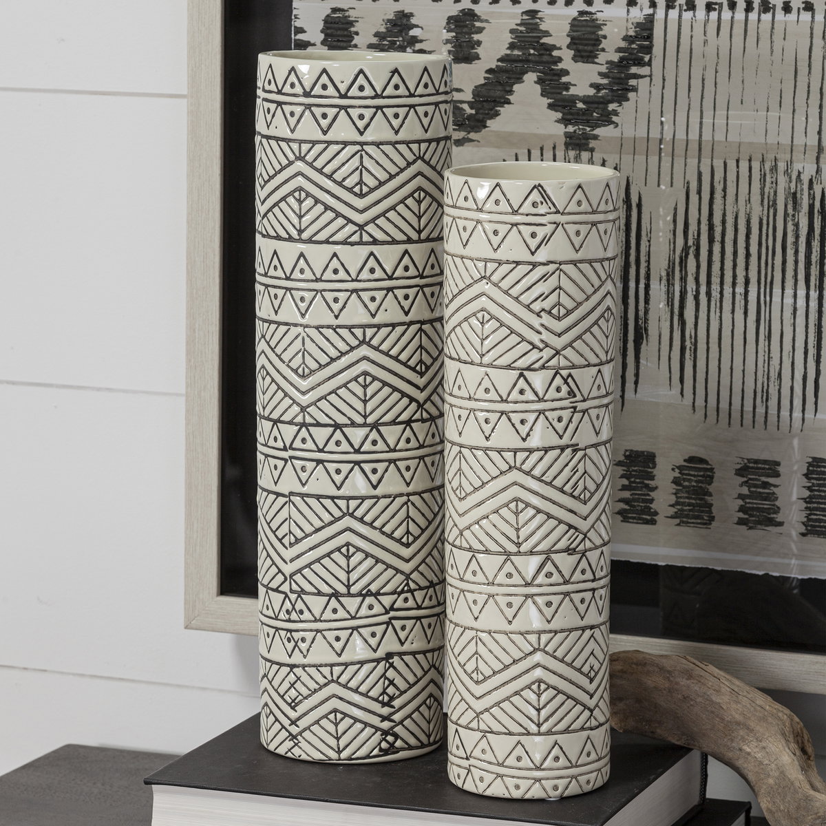 Uhura I Small Cream Black Patterned Cylindrical Vase, by Mercana, 4.13" length x 4.13" width x 13.78" height View 3