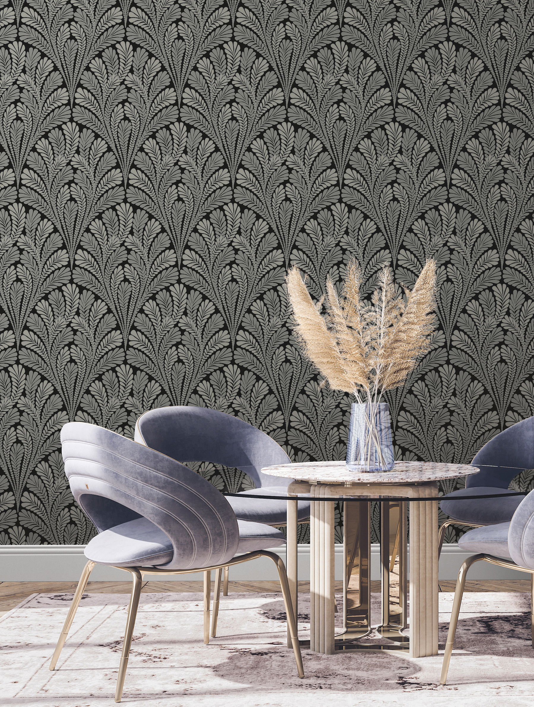 Shell Damask Black Wallpaper, by York Wall, 33' length x 1'8.5" width x 0.02" depth View 4