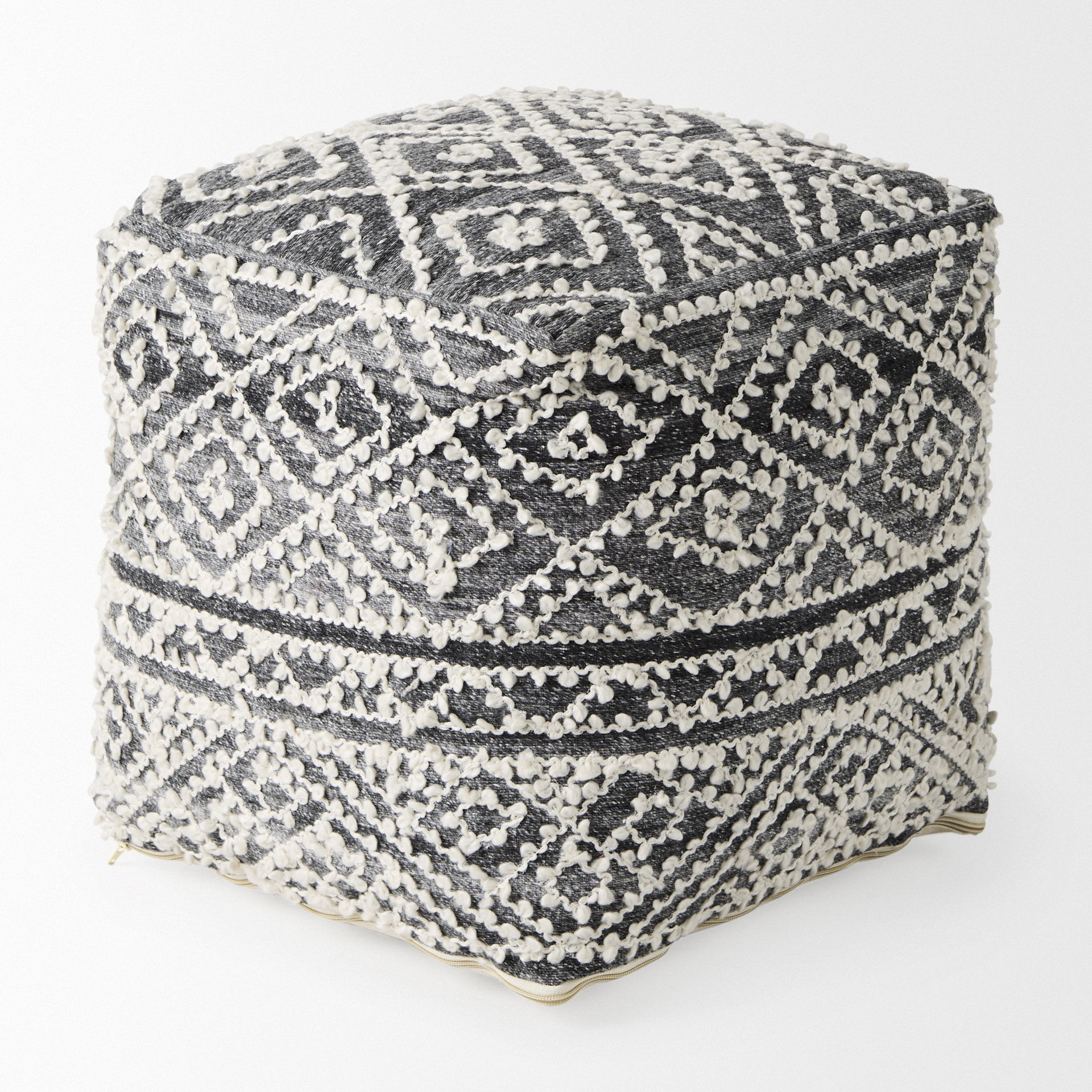 Farida   Dark Gray Wool and Polyester Patterned Pouf large image 