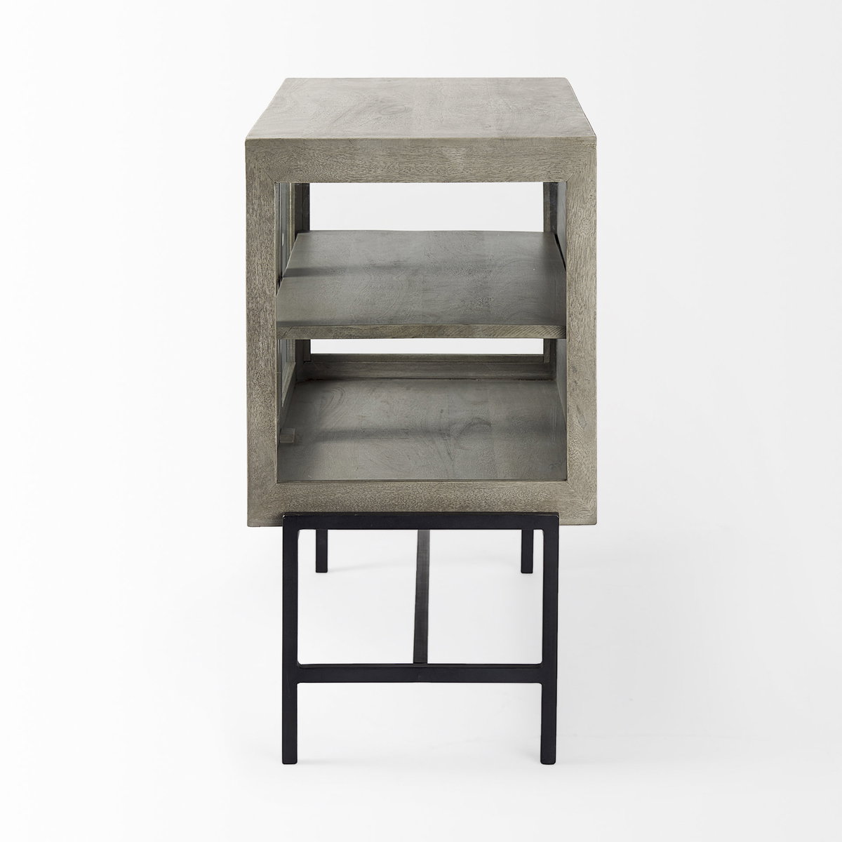 Arelius 36L x 18W x 32H Gray Wood, Black Metal Base with 2 Glass Doors Accent Cabinet, Cabinets & Chest by Mercana, 36" length x 22" width x 27" height View 5