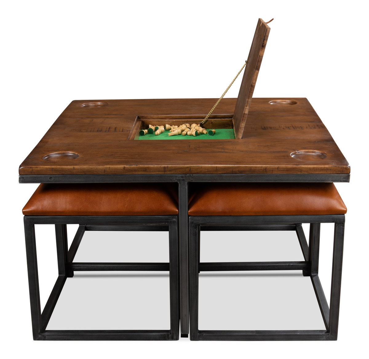 Low Game Table With Four Stools, by Sarreid, 3' length x 3' width x 1'10" height View 2