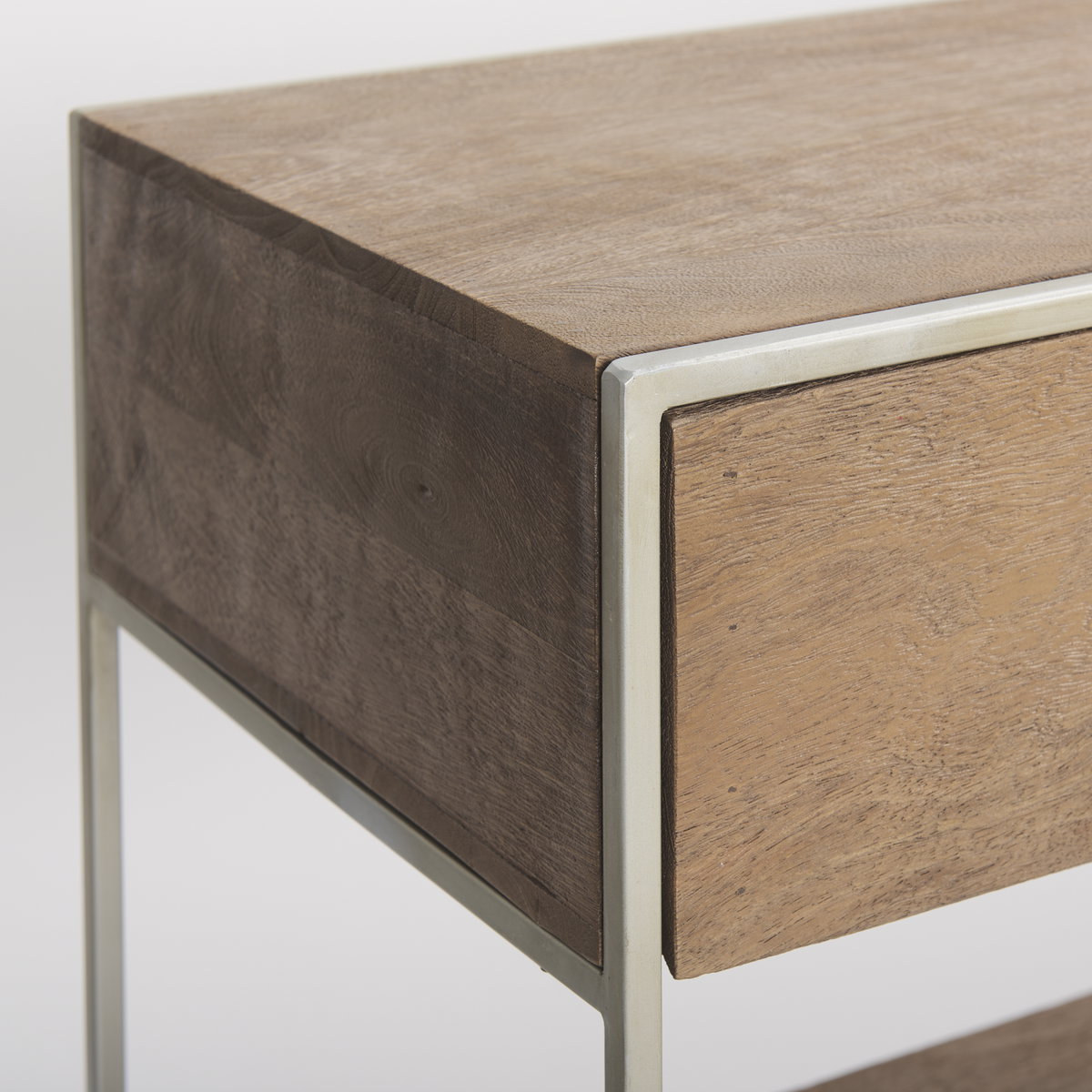 Morris I 63L x 15W x 31H Brown Wood with Silver Metal Frame 2 Drawer Console Table, by Mercana, 63" length x 15" width x 31" height View 9