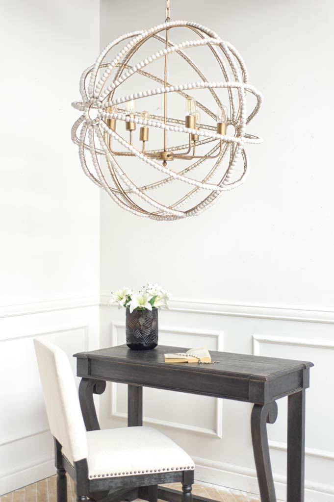 Ava White (34'D) Gold Metal and White Wood Beaded Six Bulb Chandelier, by Mercana, 34" length x 34" width x 34" height View 2