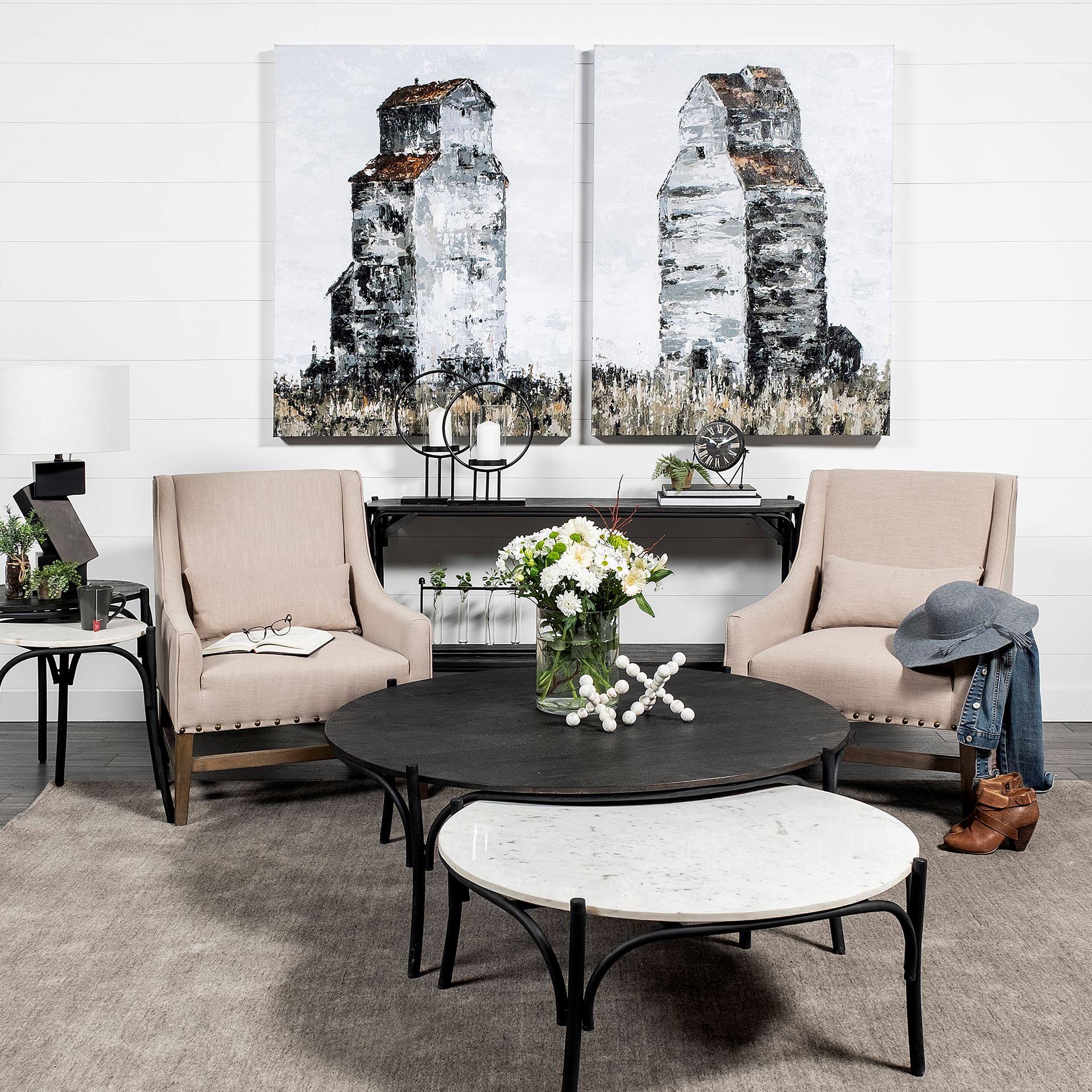 Etienne 36' Round White Marble Top Black Metal Base Coffee Table large image 