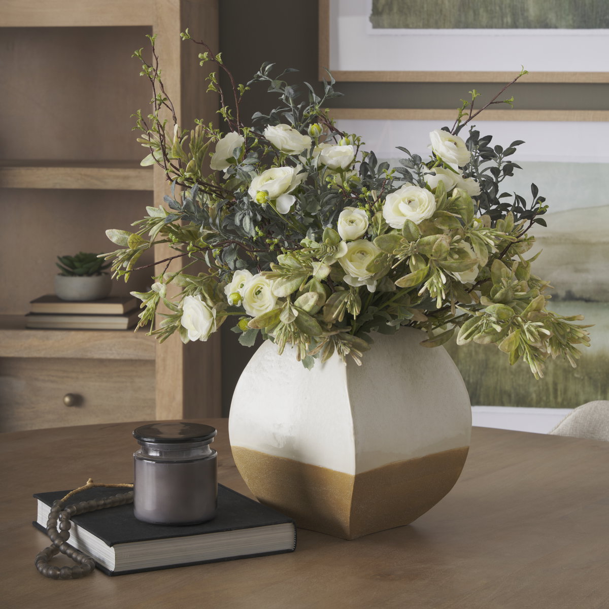 Vania Short Off White with Tan Textured Ceramic Vase, by Mercana, 9.06" length x 8.86" width x 10.43" height View 2