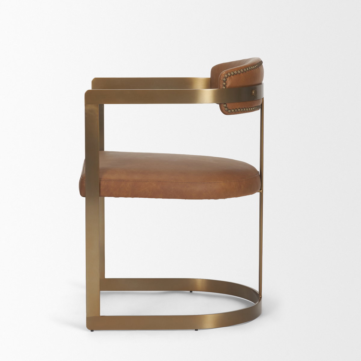 Hollyfield Curved Back Dining Side Chair | Brown Leather with Gold Iron, Dining Chair by Mercana, 20.5" length x 22.5" width x 29.5" height View 8