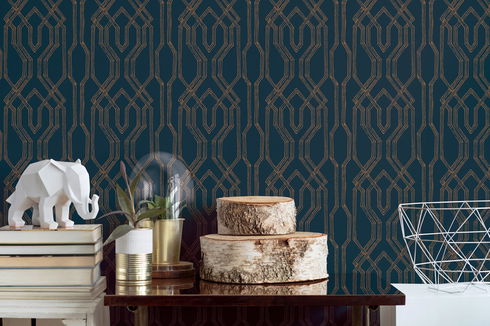 Oriental Lattice Blue & Gold Wallpaper