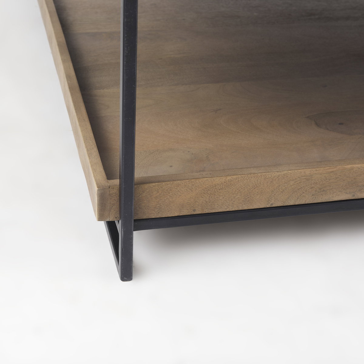 Trey 48x46 Rectangular Brown Solid Wood Top Table Black Metal Frame Two-Tier Coffee Table, by Mercana, 48" length x 46" width x 17" height View 10