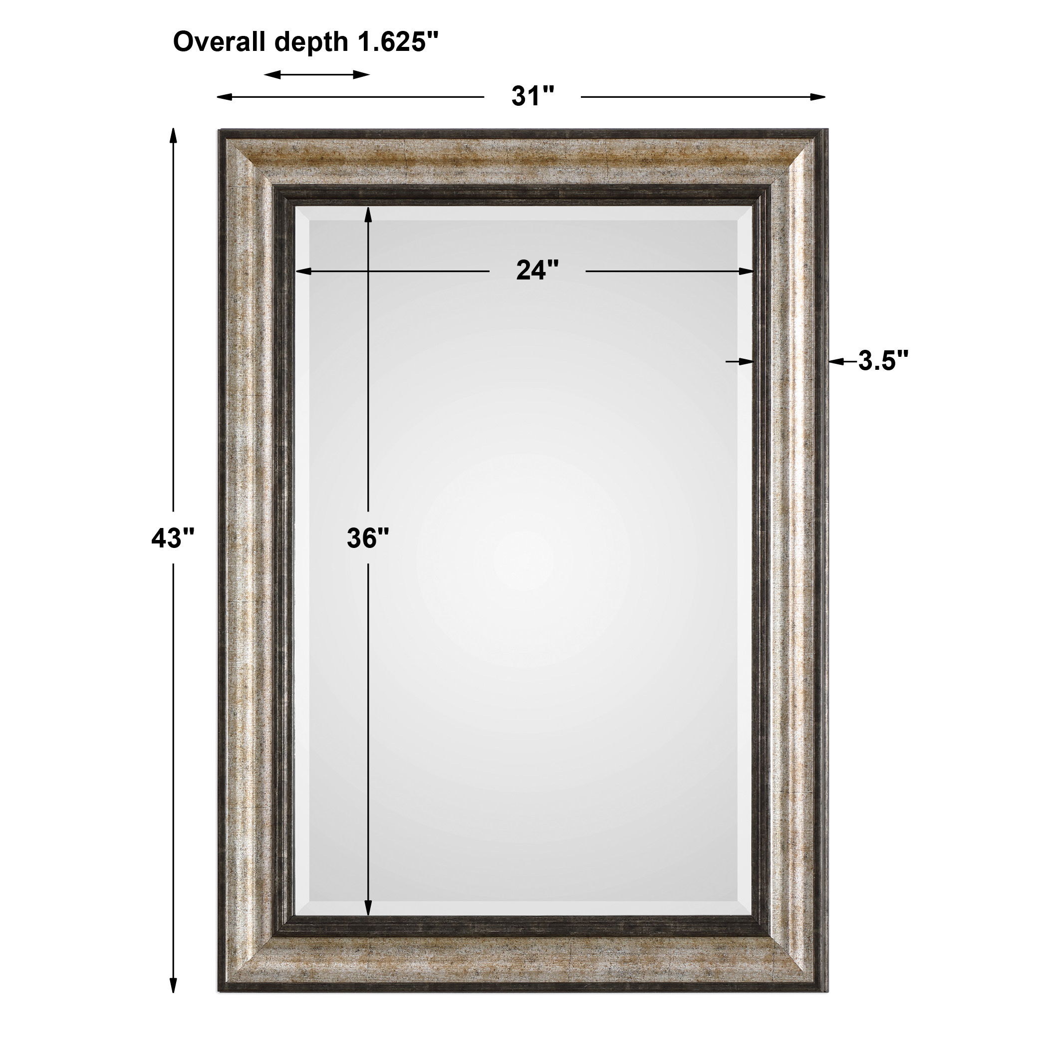 Shefford Antiqued Silver Mirror, by Uttermost, 31" width x 43" height x 1.62" depth View 3