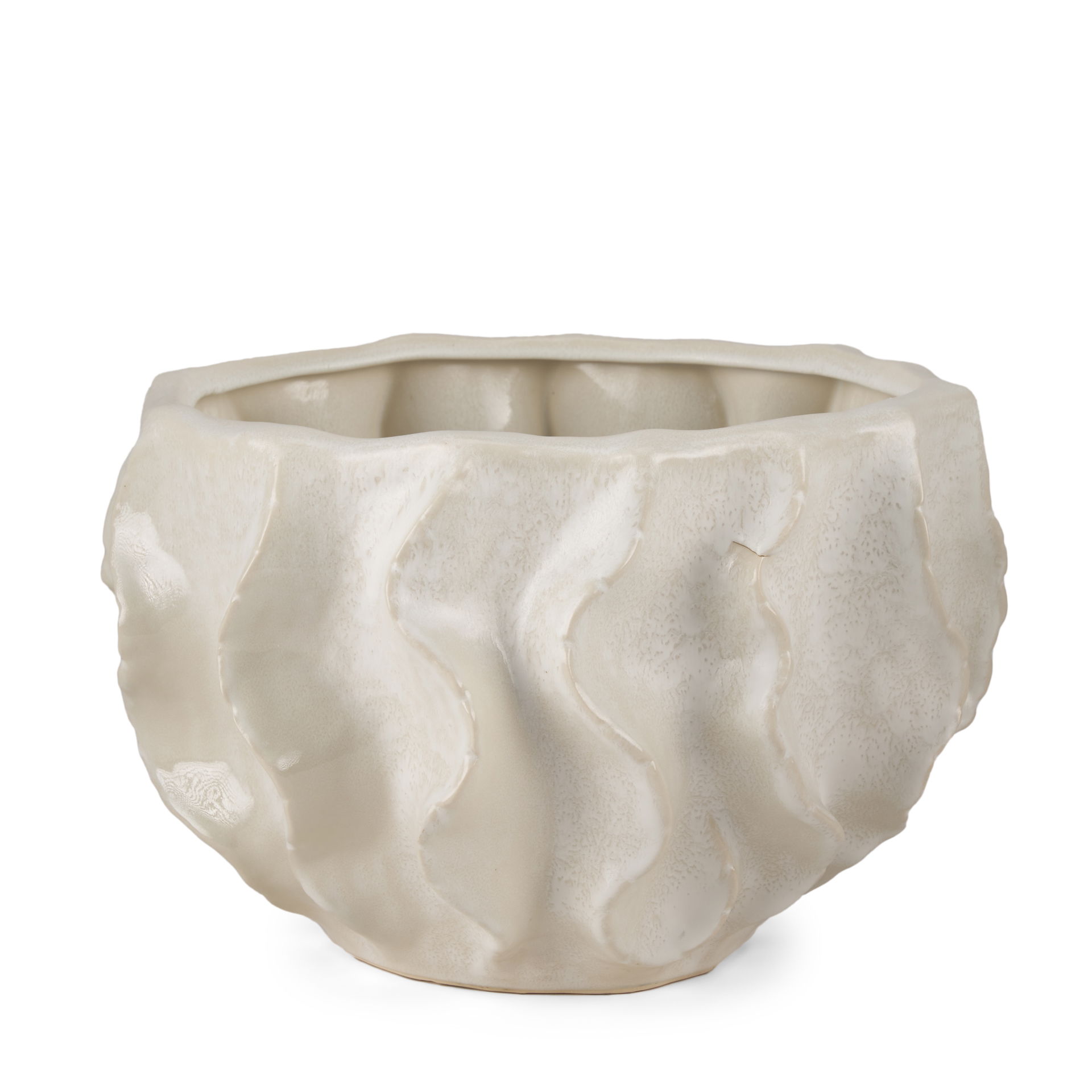 Vahn Sculptural Cream Glazed Decorative Ceramic Bowl, Vase by Mercana, 14.37" length x 14.37" width x 9.25" height View 1