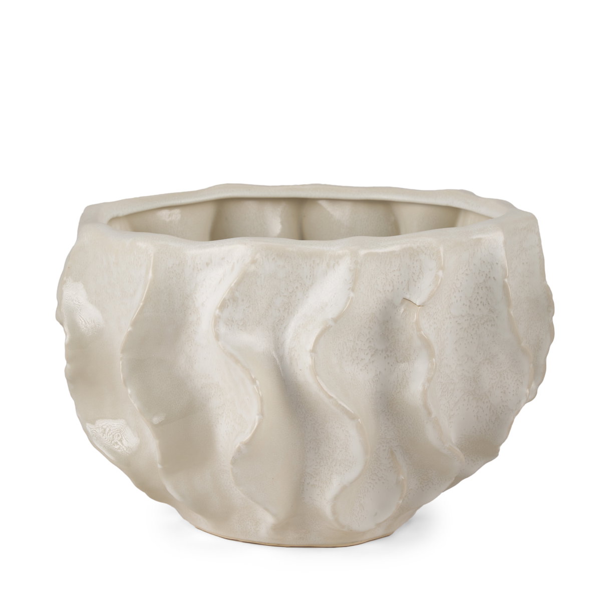 Vahn Sculptural Cream Glazed Decorative Ceramic Bowl, Vase by Mercana, 14.37" length x 14.37" width x 9.25" height View 1
