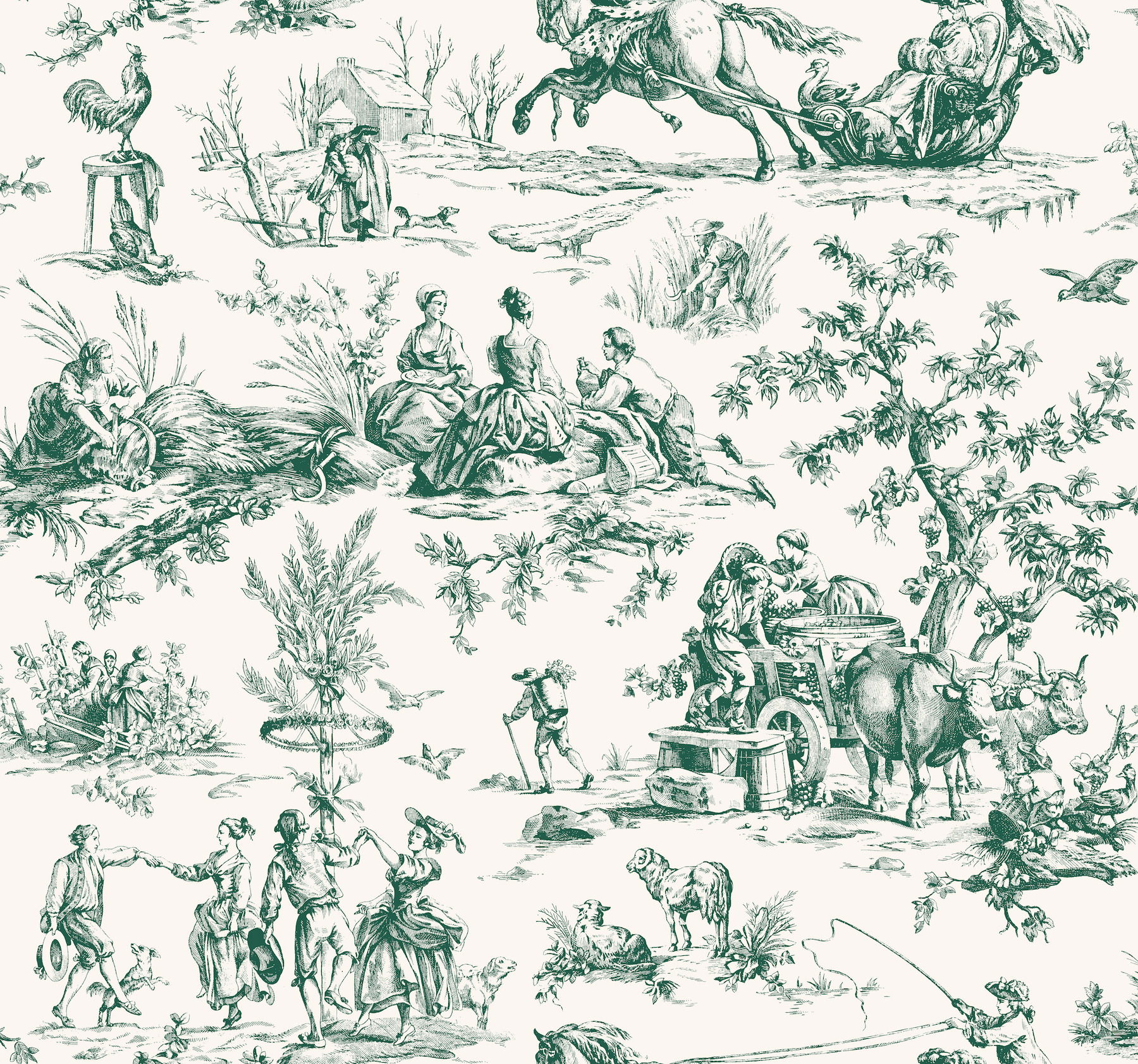 Seasons Toile Dark Green Wallpaper large image 
