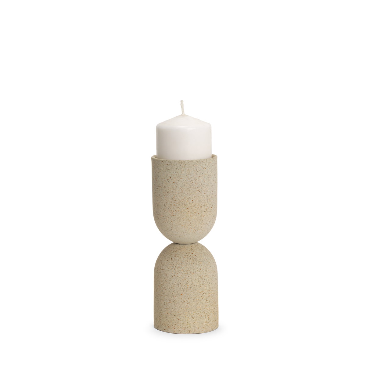 Qamra Short Beige Textured Metal Pillar Candle Holder, Candles & Candle Holder by Mercana, 3.5" length x 3.5" width x 9.25" height View 1