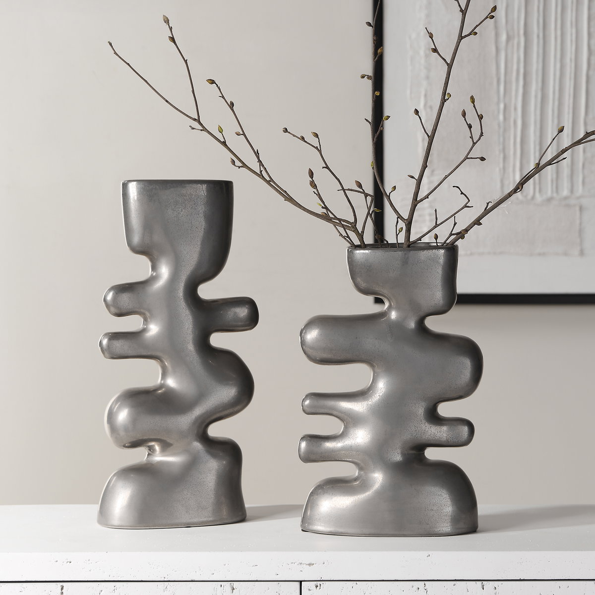 Free Flowing Nickel Vases Set/2, Decorative by Uttermost, 7" width x 14.25" height x 3.5" depth View 2
