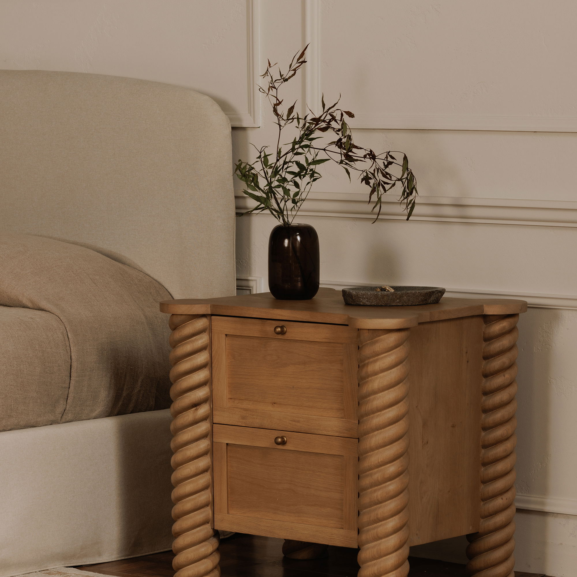 Treccia 2 Drawer Nightstand Oak, by Moe's Home, 27.5" width x 25.25" height x 21.5" depth View 10