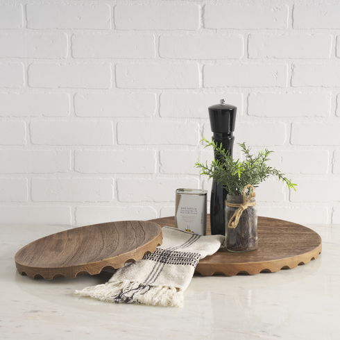 Waverly Round Light Brown Wood Scalloped Edged Trays