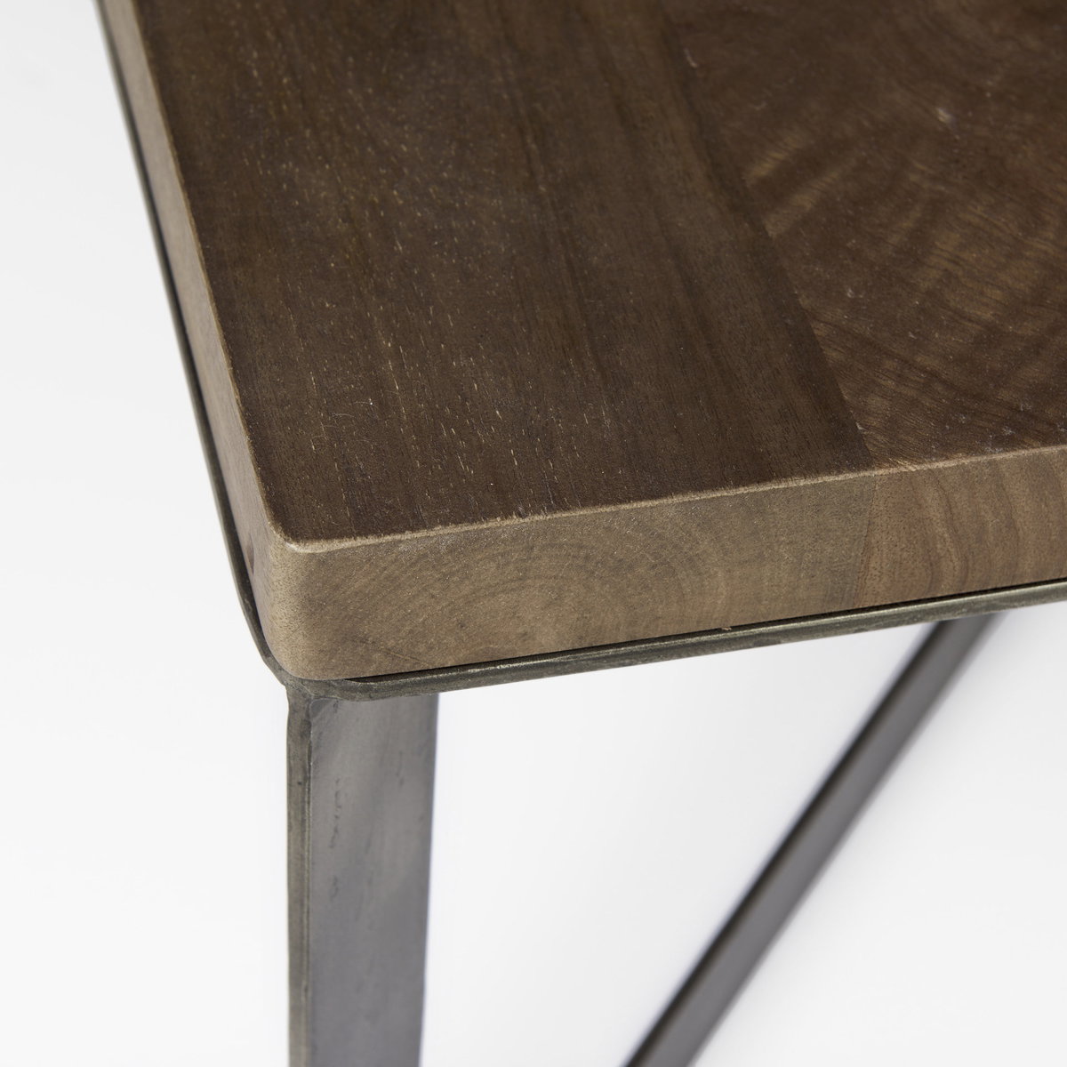 Faye 34L x 34W x 17H Medium Brown Wood with Antique Nickel Metal Base Square Coffee Table, by Mercana, 34" length x 34" width x 17" height View 6