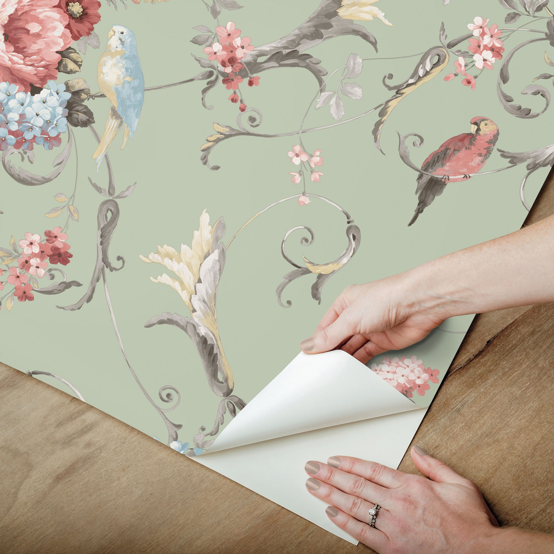 Parrots with Floral Bouquets Eucalyptus Peel & Stick Wallpaper large image 