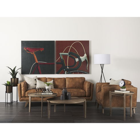 Brooks Cognac Brown Faux Leather Three Seater Sofa with Medium Brown Wooden Legs