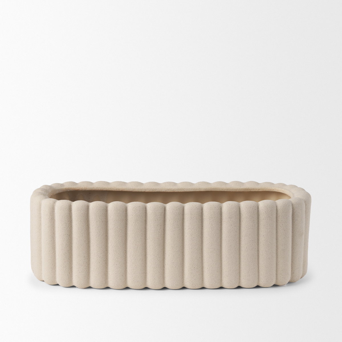 Mira Wide Textured Blush Beige Fluted Ceramic Vase, by Mercana, 18.9" length x 7.48" width x 5.91" height View 3