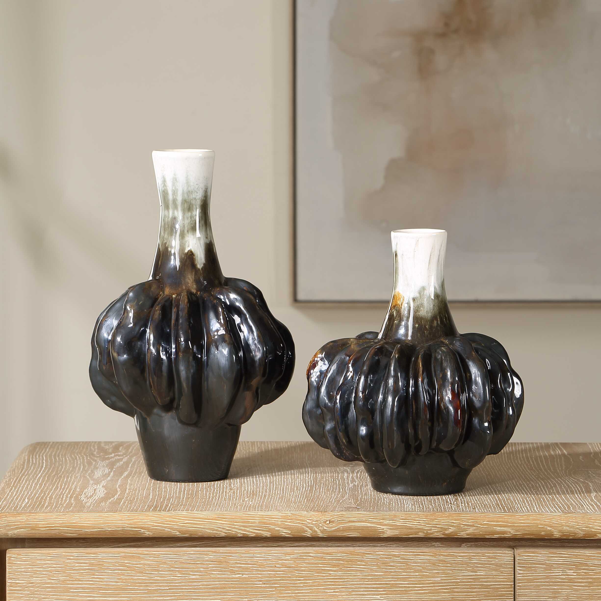 Umbrian White & Brown Gourd Vases Set/2, Decorative by Uttermost, 8.5" width x 13.25" height x 8.5" depth View 3