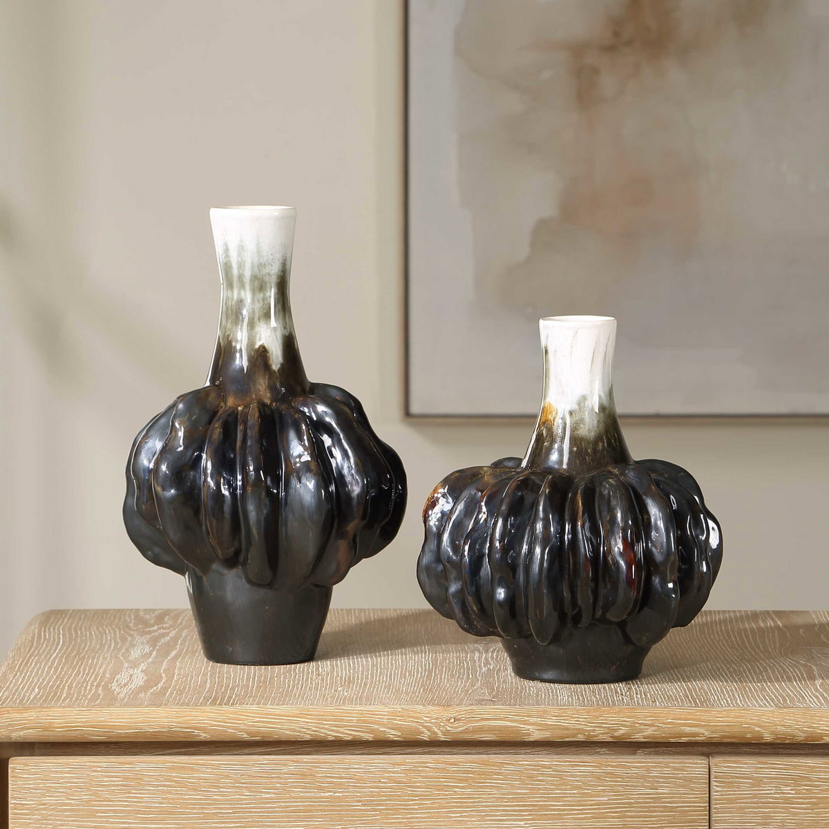 Umbrian White & Brown Gourd Vases Set/2, by Uttermost, 8.5" width x 13.25" height x 8.5" depth View 3