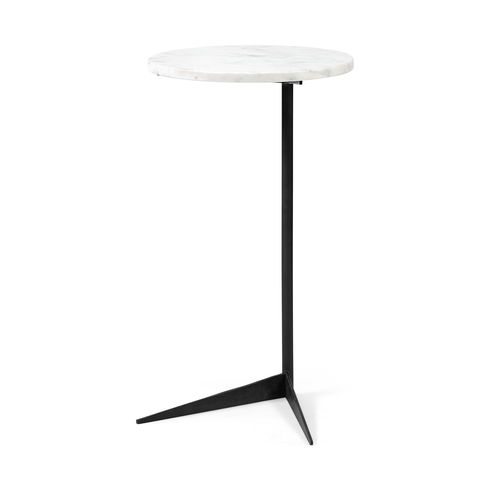 Ballatine II 15L x 15W x 27L White Marble Round Top White with Black Metal Base Accent Table