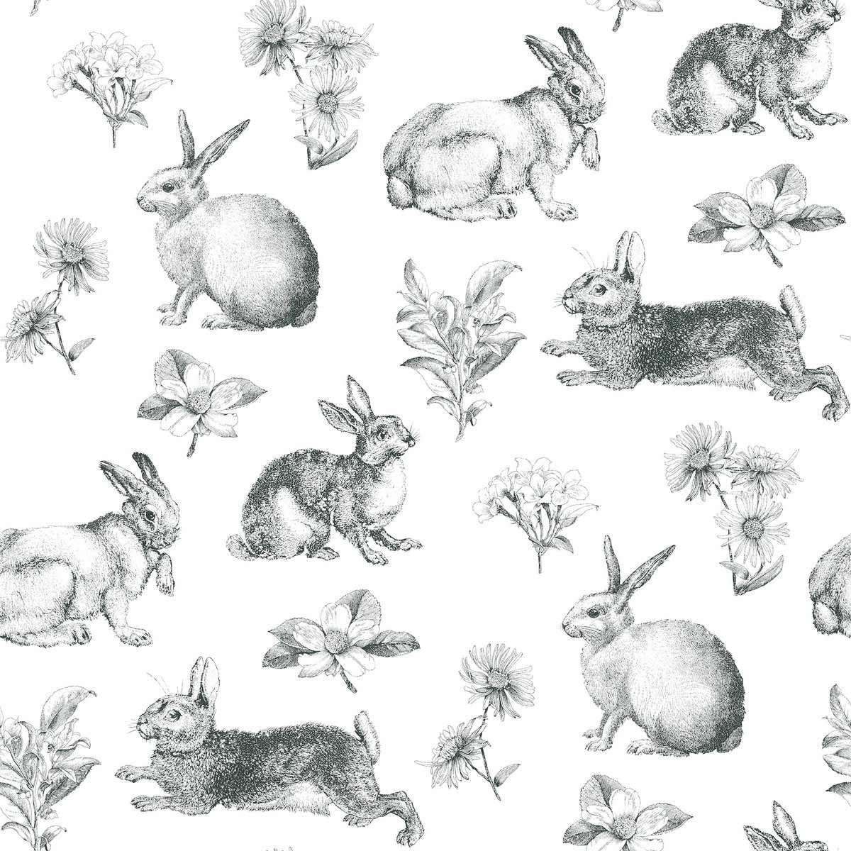 Bunny Toile Black & White Wallpaper, by York Wall, 33' length x 1'8.5" width x 0.02" depth