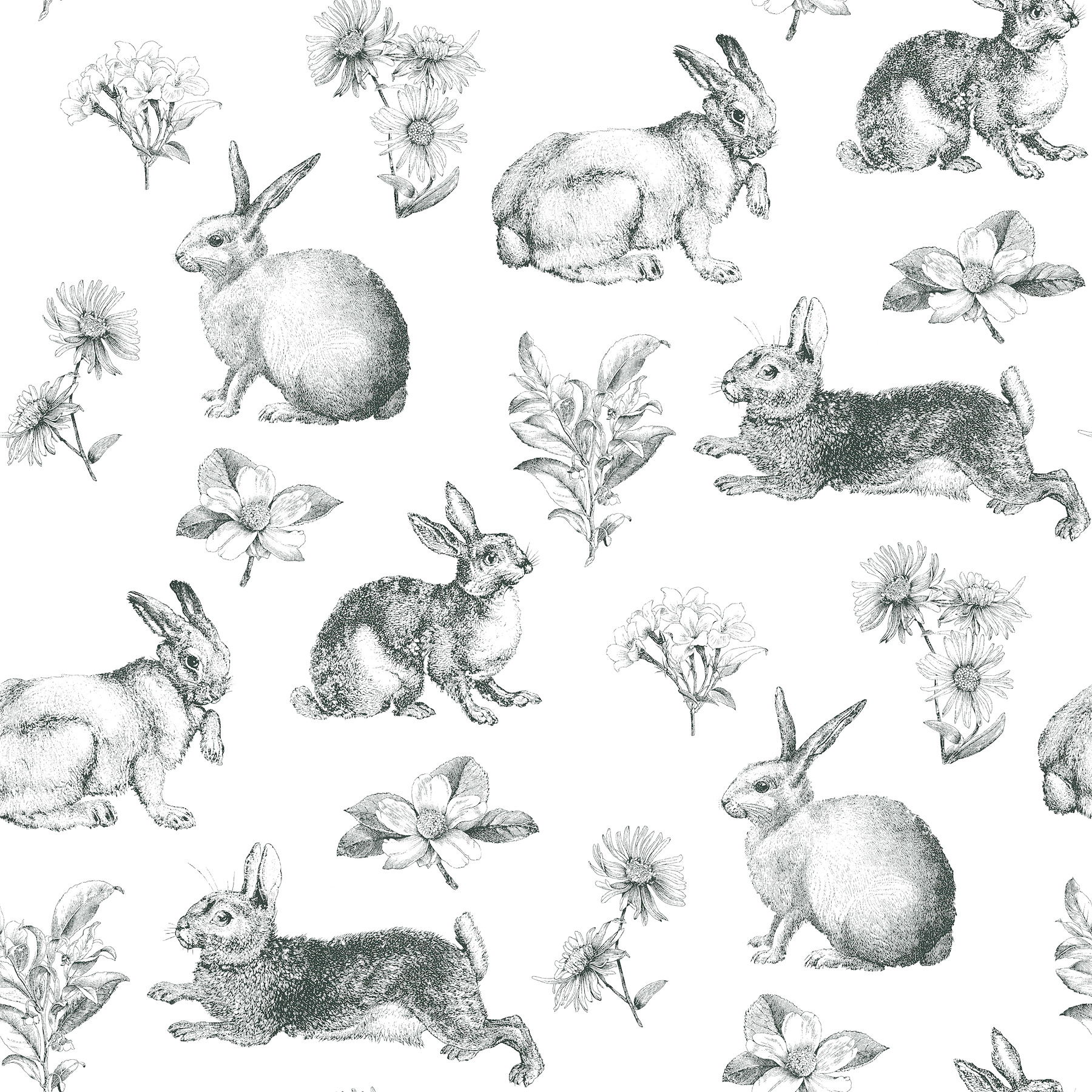 Bunny Toile Black & White Wallpaper large image 