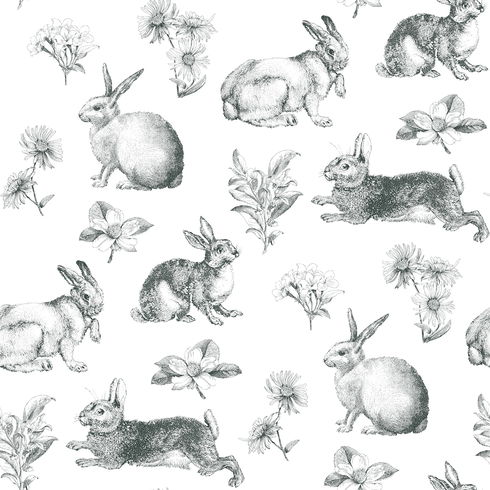 Bunny Toile Black & White Wallpaper