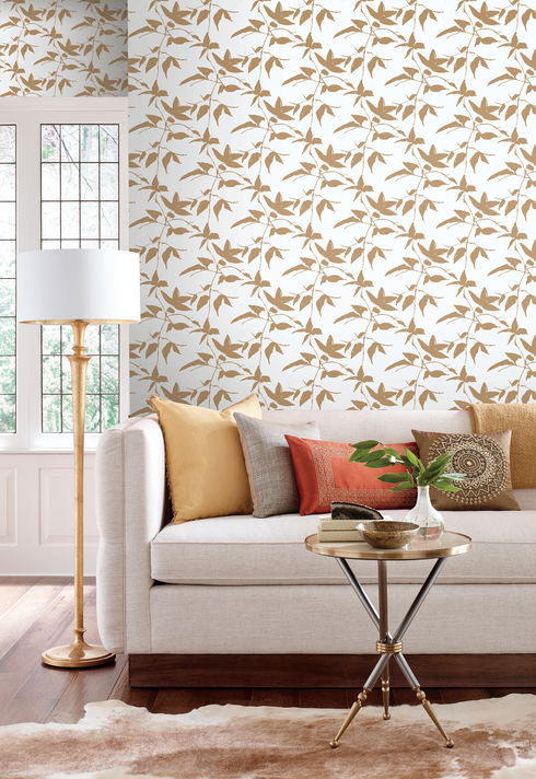 Persimmon Leaf Gold & White Wallpaper