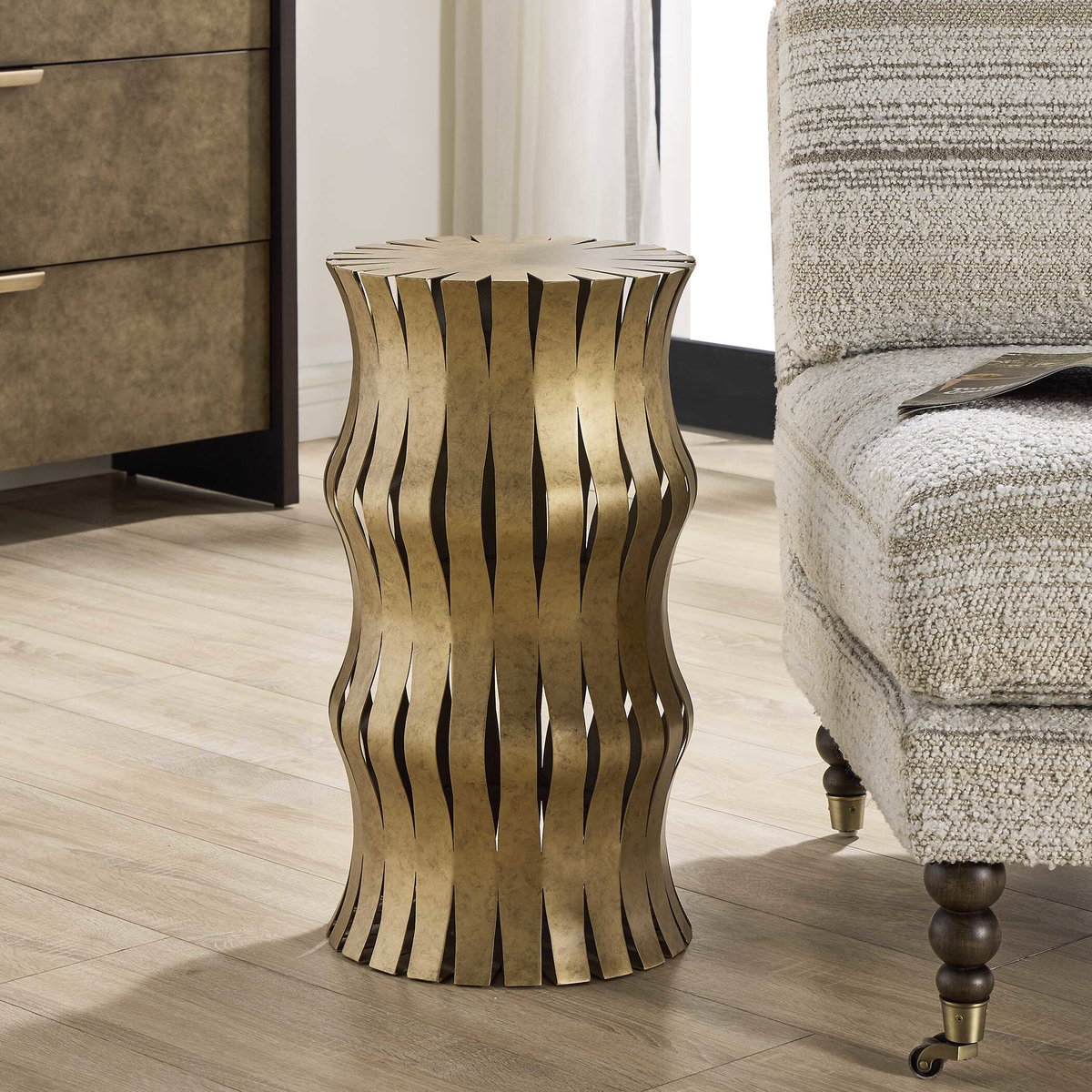 Arida Aged Gold Accent Table, Furniture by Uttermost, 12" width x 22" height x 12" depth View 3