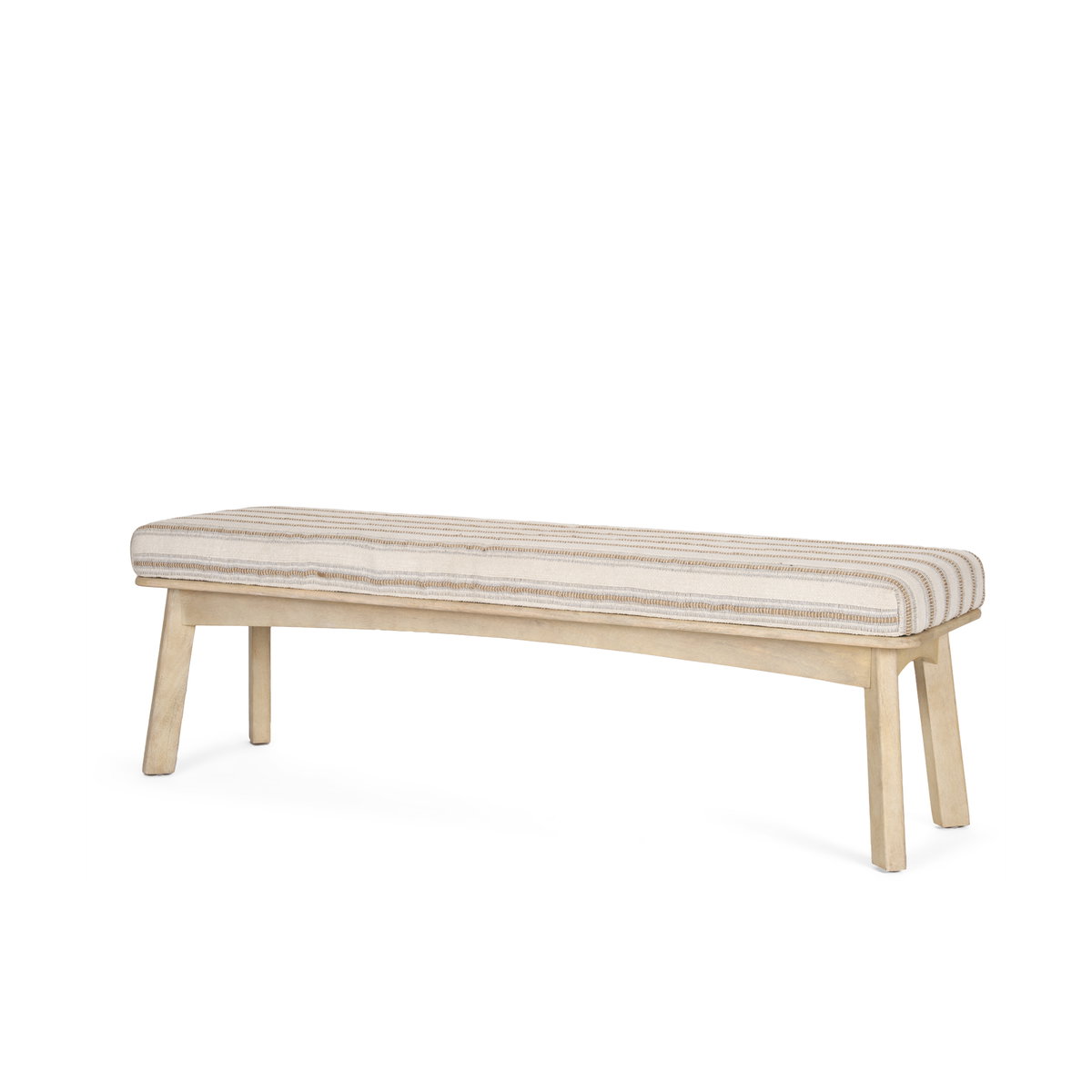 Taimo White Washed Light Brown Wood with Striped Fabric Seat Bench, Benche by Mercana, 62.2" length x 17" width x 19.3" height View 1